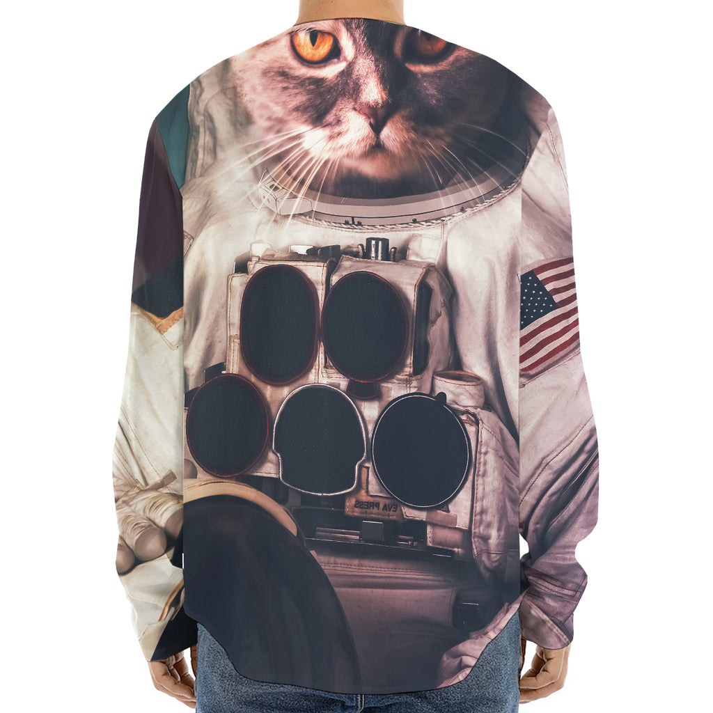 American Astronaut Cat Print Long Sleeve Baseball Jersey