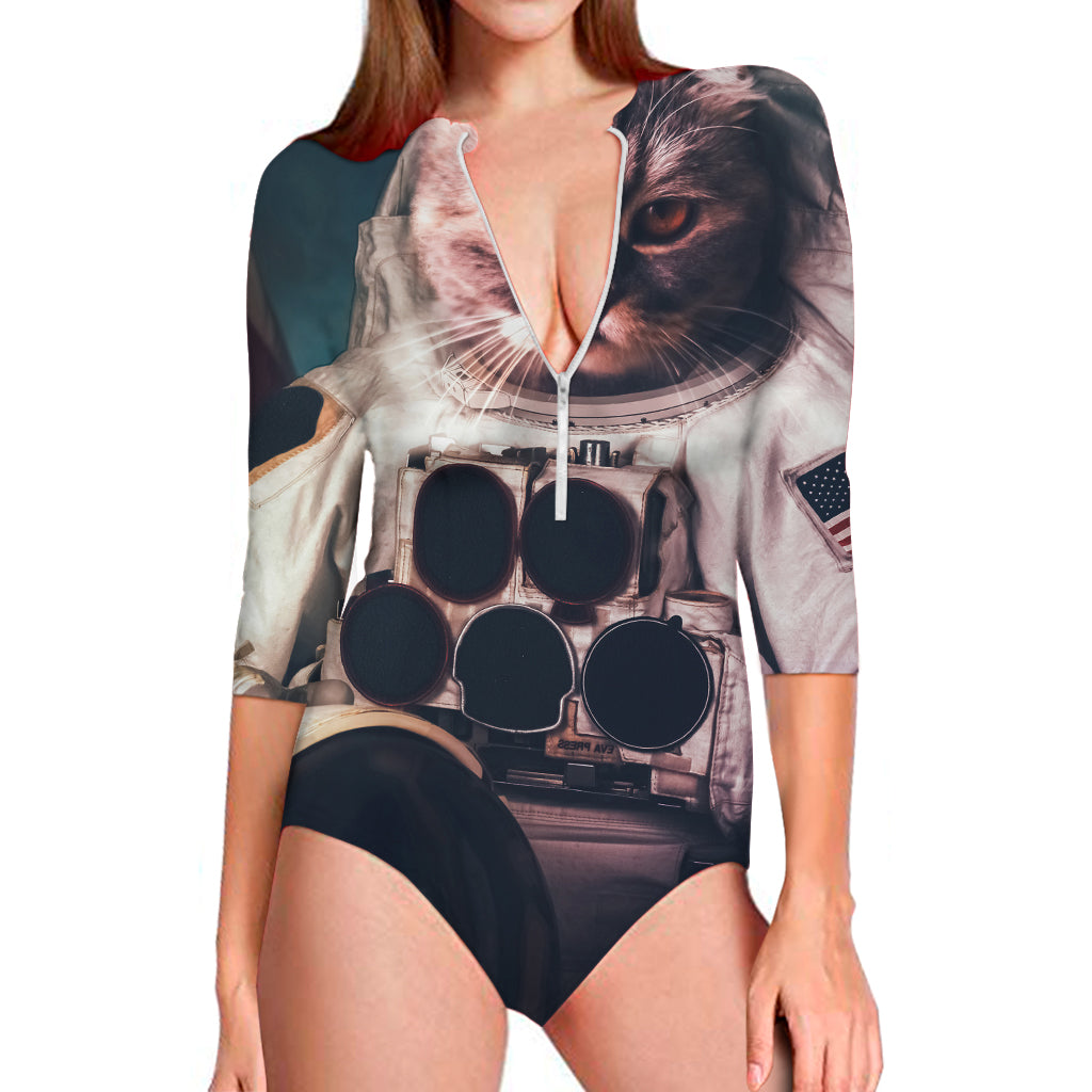 American Astronaut Cat Print Long Sleeve Swimsuit