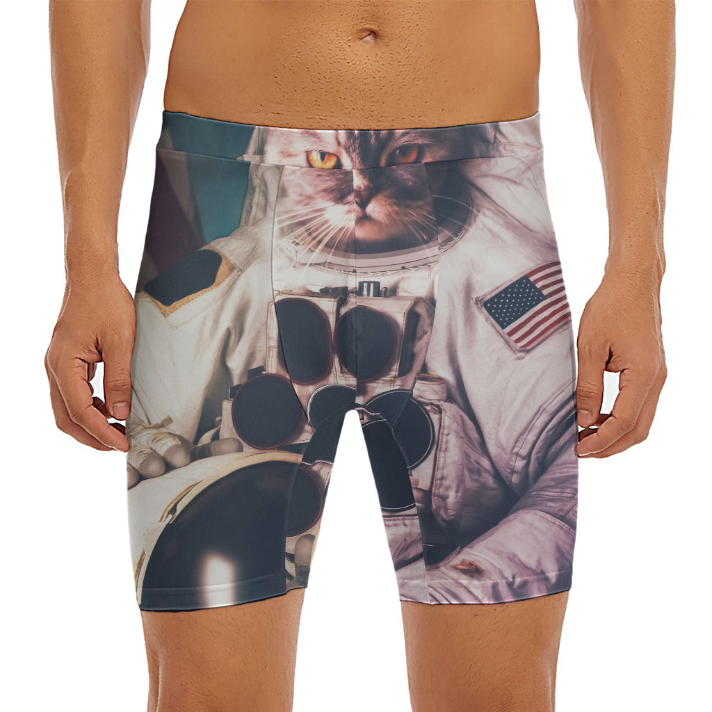 American Astronaut Cat Print Men's Long Boxer Briefs