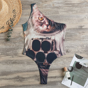 American Astronaut Cat Print One Shoulder Bodysuit