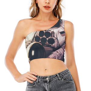 American Astronaut Cat Print One Shoulder Crop Top