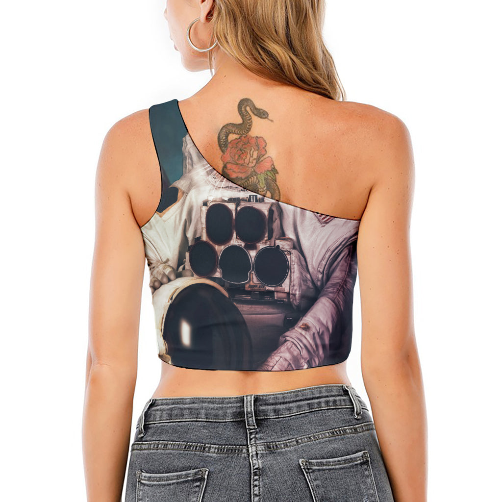 American Astronaut Cat Print One Shoulder Crop Top