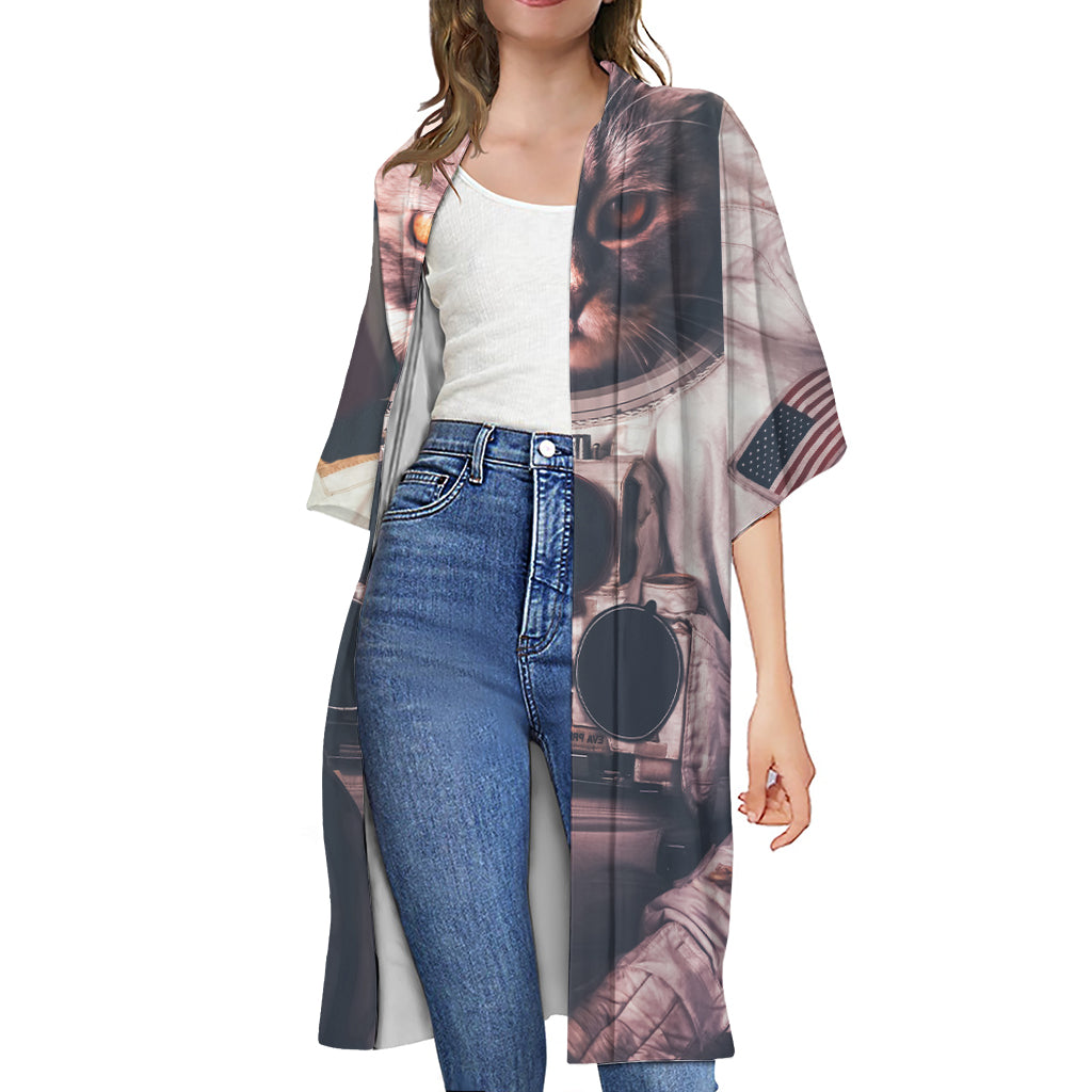 American Astronaut Cat Print Open Front Beach Cover Up