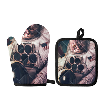 American Astronaut Cat Print Oven Mitt And Pot Holder Set