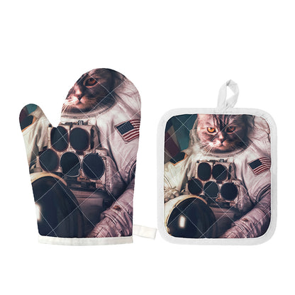 American Astronaut Cat Print Oven Mitt And Pot Holder Set