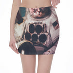 American Astronaut Cat Print Pencil Mini Skirt