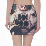 American Astronaut Cat Print Pencil Mini Skirt