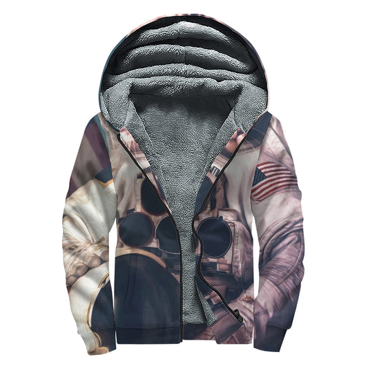 American Astronaut Cat Print Sherpa Lined Zip Up Hoodie