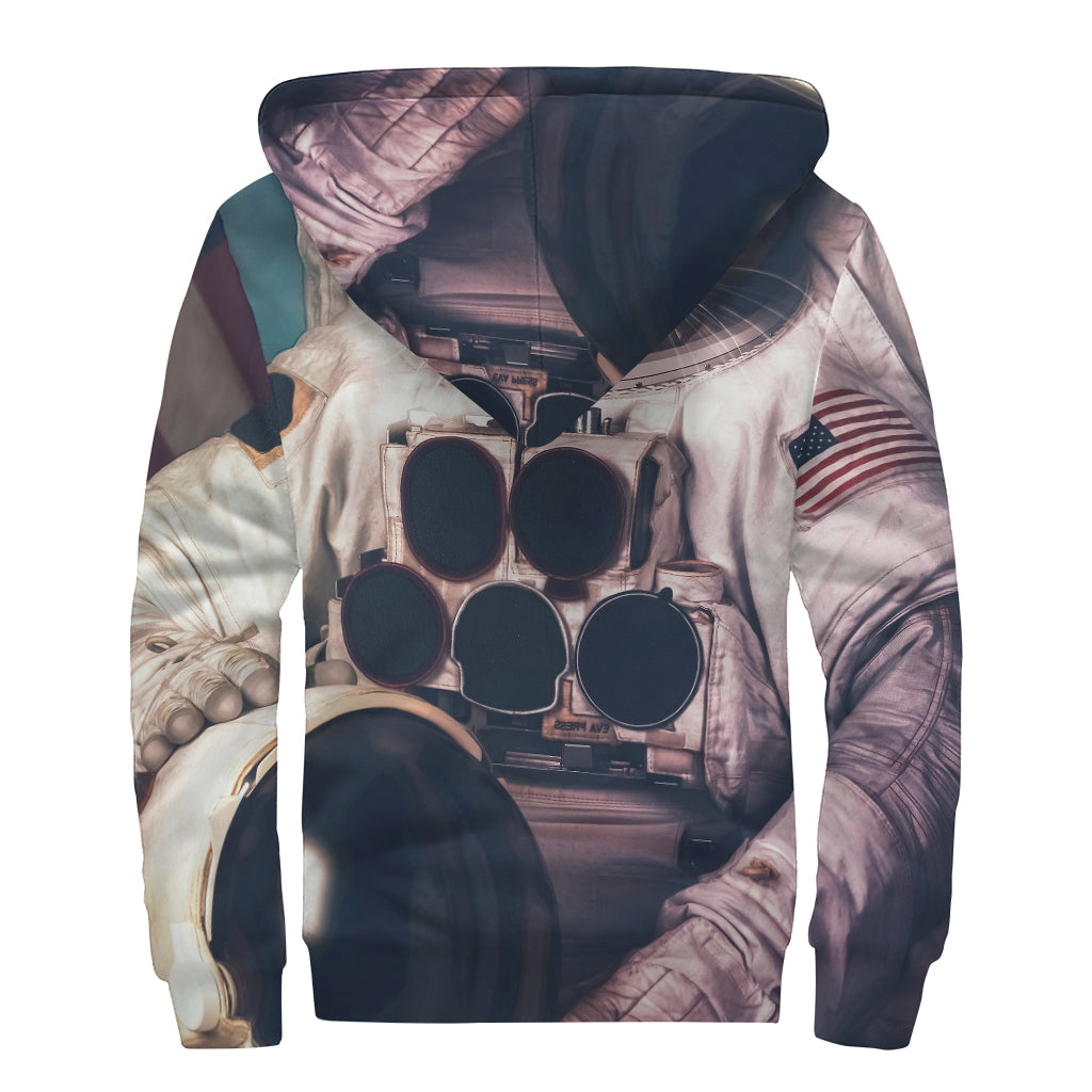 American Astronaut Cat Print Sherpa Lined Zip Up Hoodie