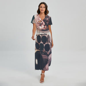 American Astronaut Cat Print Short Sleeve Maxi Dress