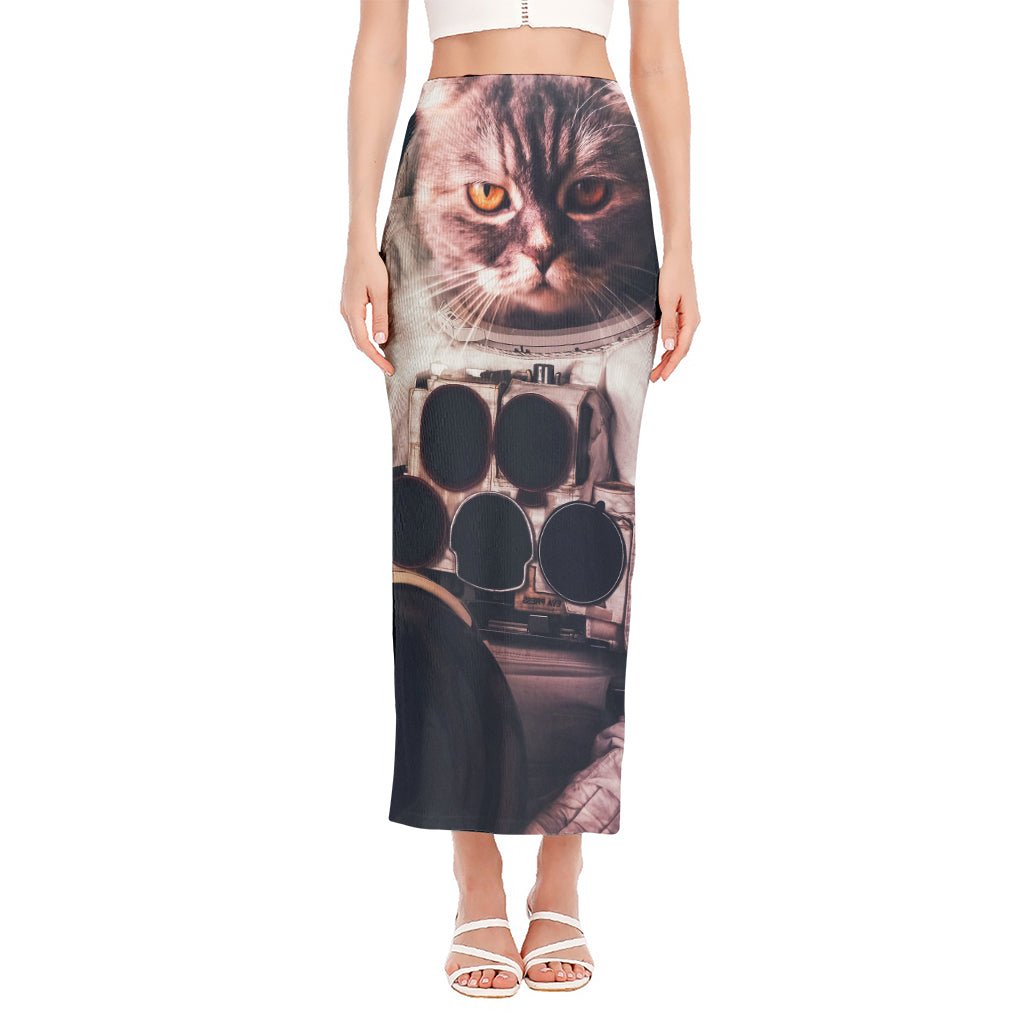 American Astronaut Cat Print Side Slit Maxi Skirt