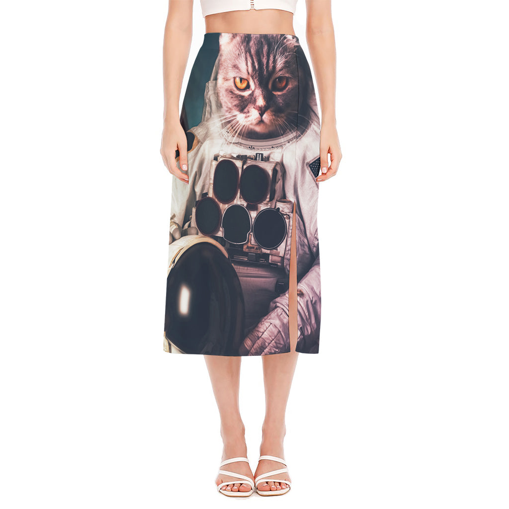 American Astronaut Cat Print Side Slit Midi Skirt