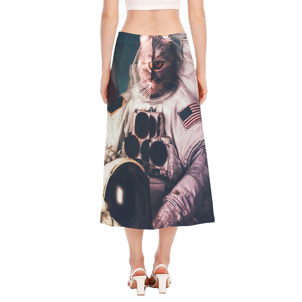 American Astronaut Cat Print Side Slit Midi Skirt