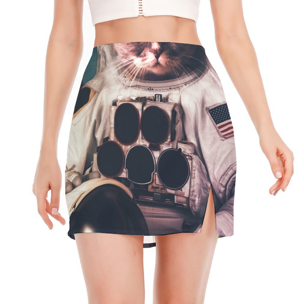 American Astronaut Cat Print Side Slit Mini Skirt