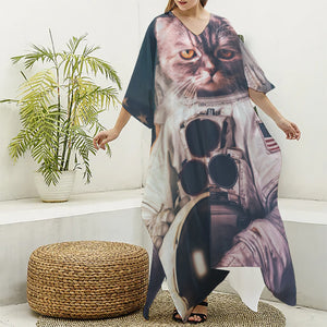 American Astronaut Cat Print Silk V-Neck Kaftan Dress