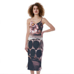 American Astronaut Cat Print Slim Fit Midi Cami Dress