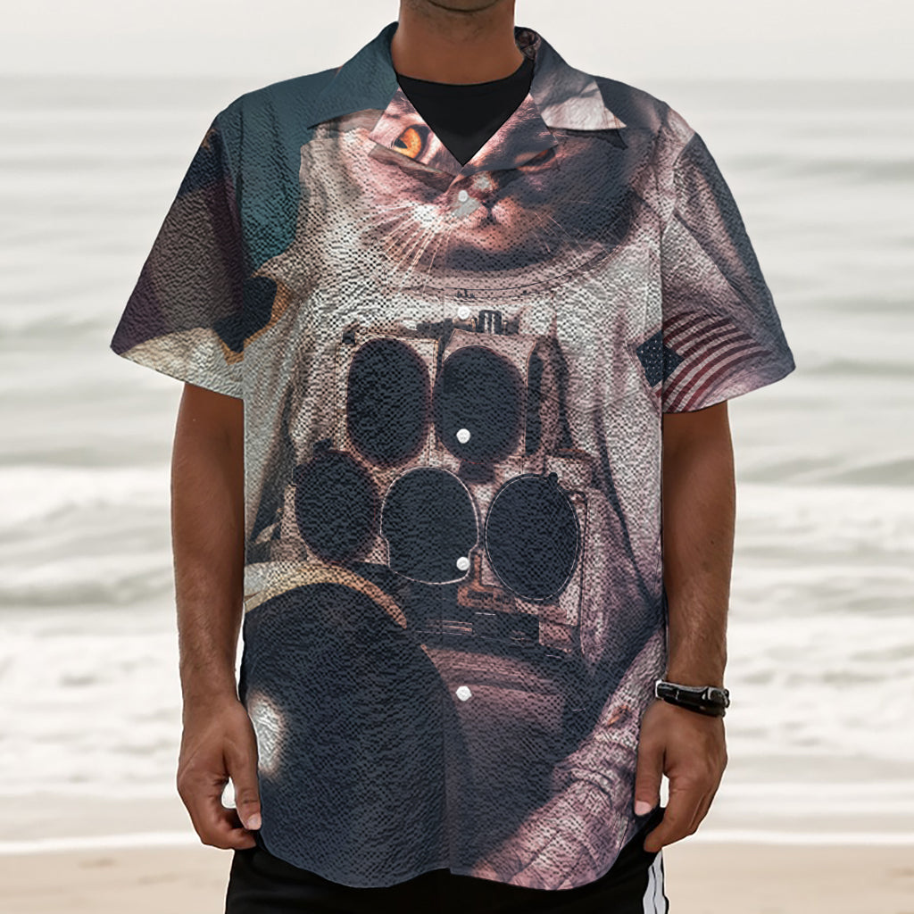 American Astronaut Cat Print Textured Short Sleeve Shirt