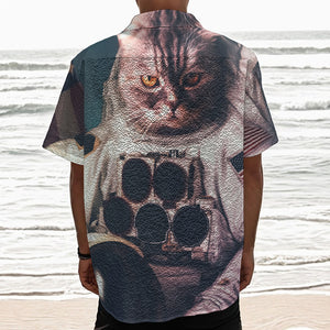 American Astronaut Cat Print Textured Short Sleeve Shirt