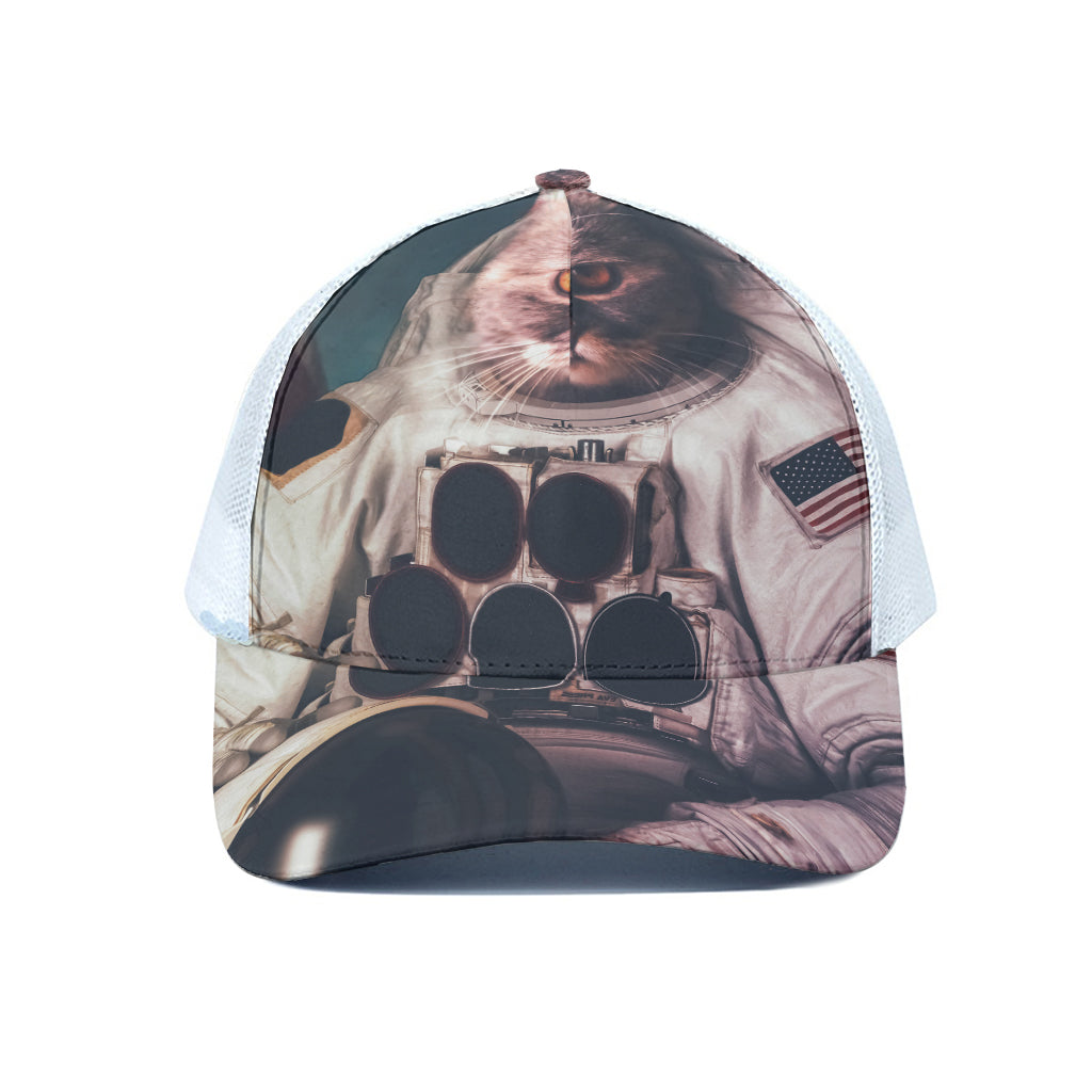 American Astronaut Cat Print White Mesh Trucker Cap