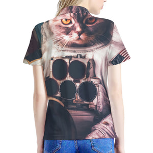 American Astronaut Cat Print Women's Polo Shirt