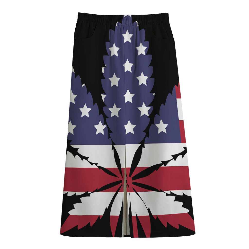 American Cannabis Leaf Flag Print Cotton Front Slit Maxi Skirt