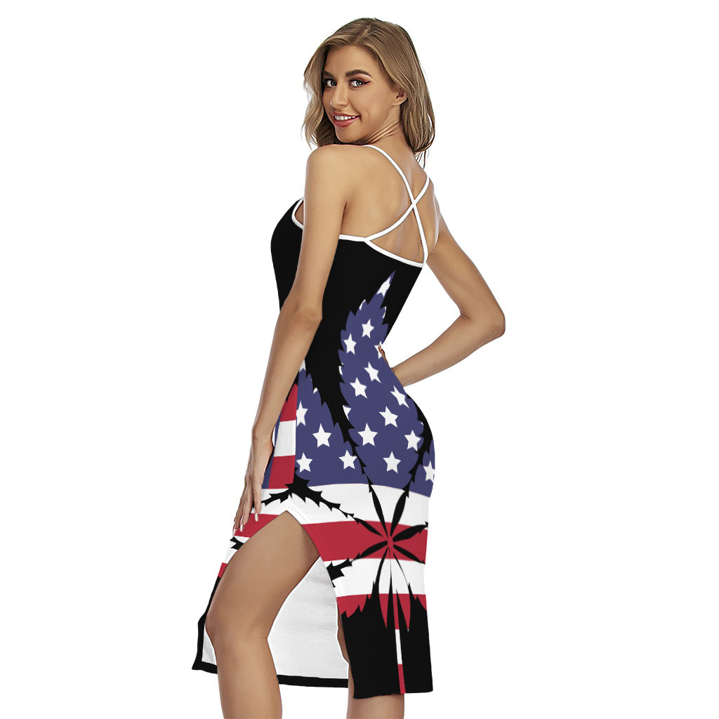 American Cannabis Leaf Flag Print Cross Back Cami Dress