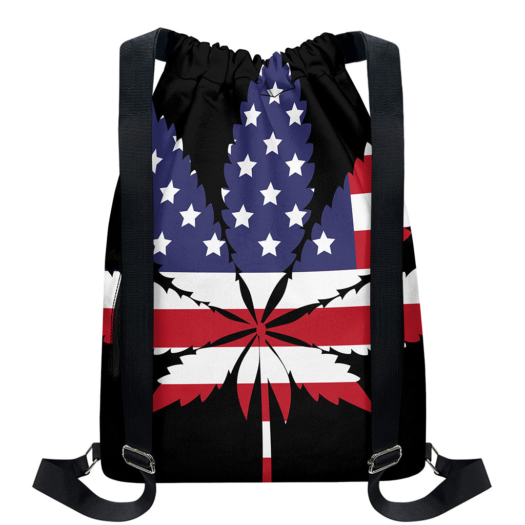 American Cannabis Leaf Flag Print Drawstring Backpack