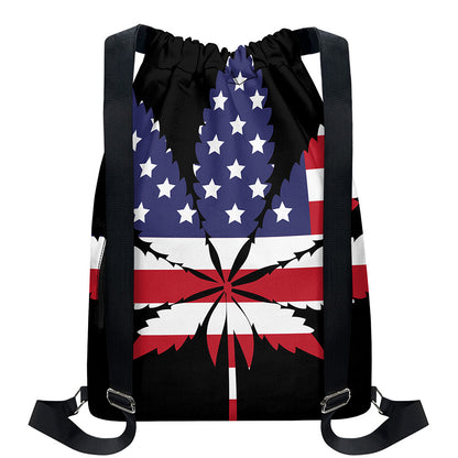 American Cannabis Leaf Flag Print Drawstring Backpack