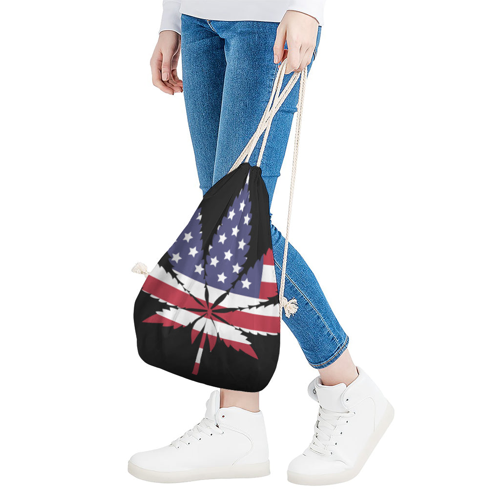 American Cannabis Leaf Flag Print Drawstring Bag