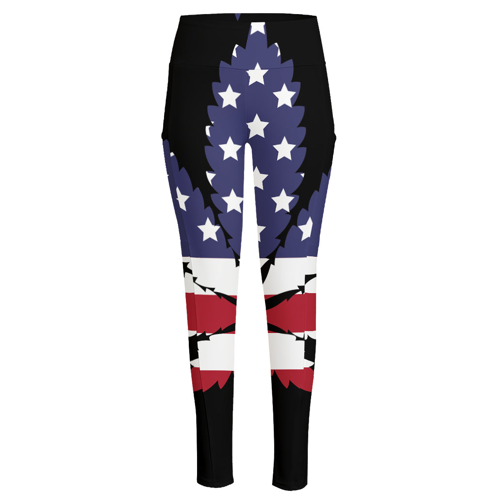 American Cannabis Leaf Flag Print High-Waisted Pocket Leggings