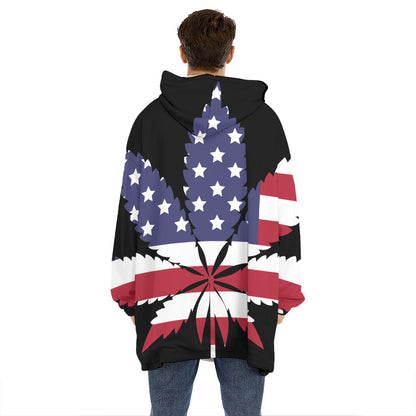 American Cannabis Leaf Flag Print Hoodie Blanket