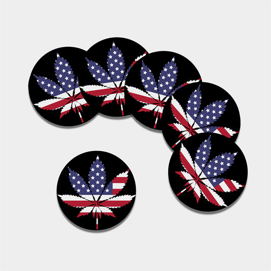American Cannabis Leaf Flag Print Leather Coaster Set