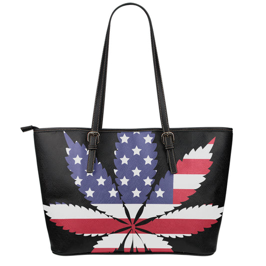 American Cannabis Leaf Flag Print Leather Tote Bag