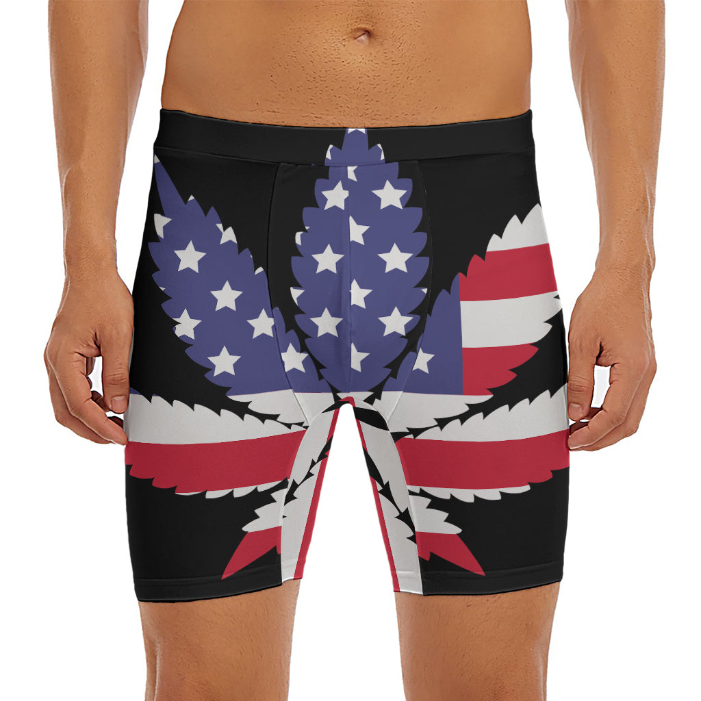 American Cannabis Leaf Flag Print Men's Long Boxer Briefs