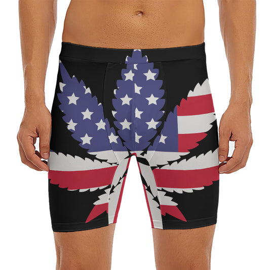 American Cannabis Leaf Flag Print Men's Long Boxer Briefs