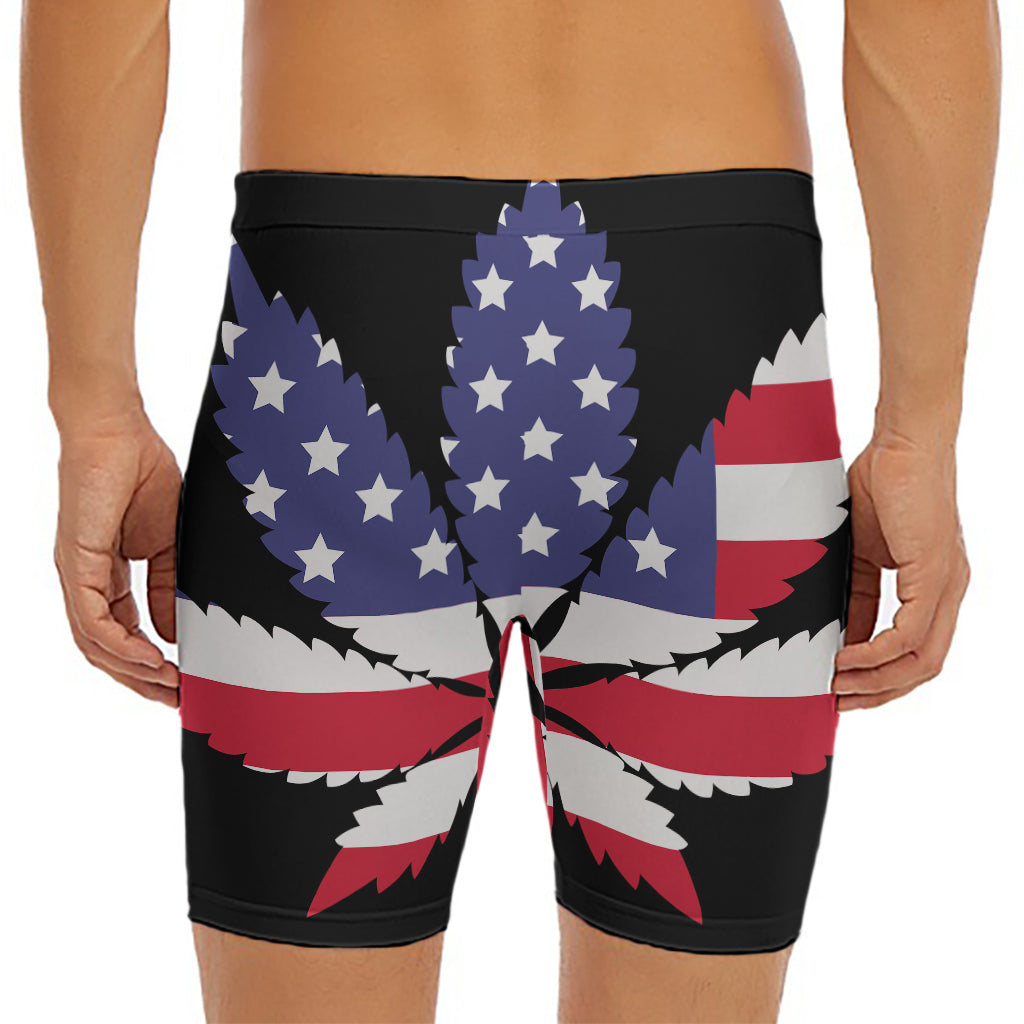 American Cannabis Leaf Flag Print Men's Long Boxer Briefs