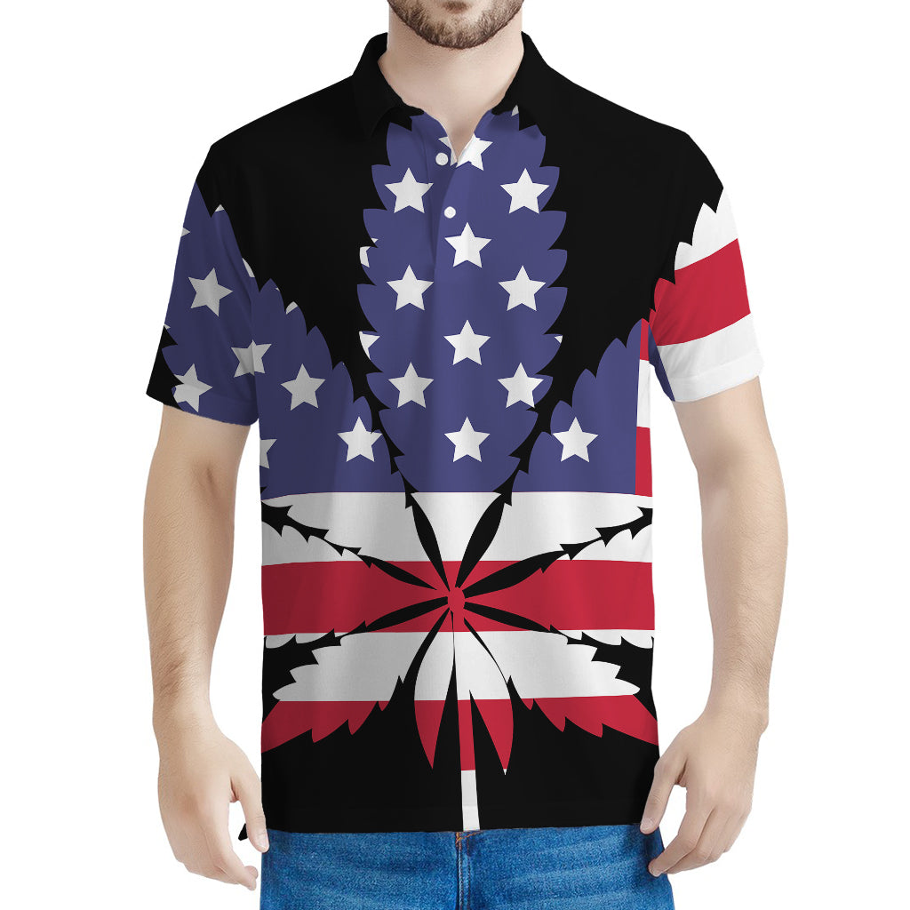 American Cannabis Leaf Flag Print Men's Polo Shirt