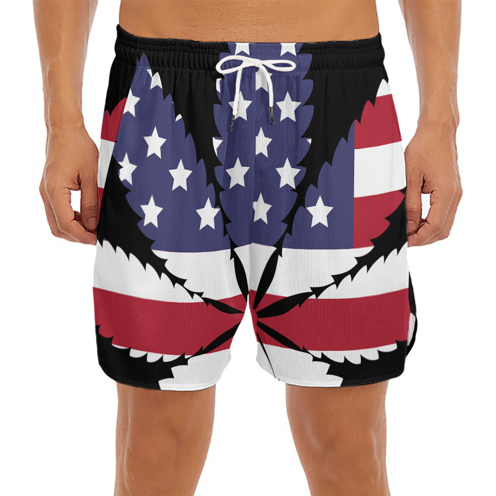 American Cannabis Leaf Flag Print Men's Split Running Shorts