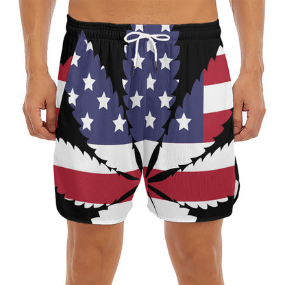 American Cannabis Leaf Flag Print Men's Split Running Shorts