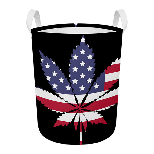 American Cannabis Leaf Flag Print Round Laundry Basket