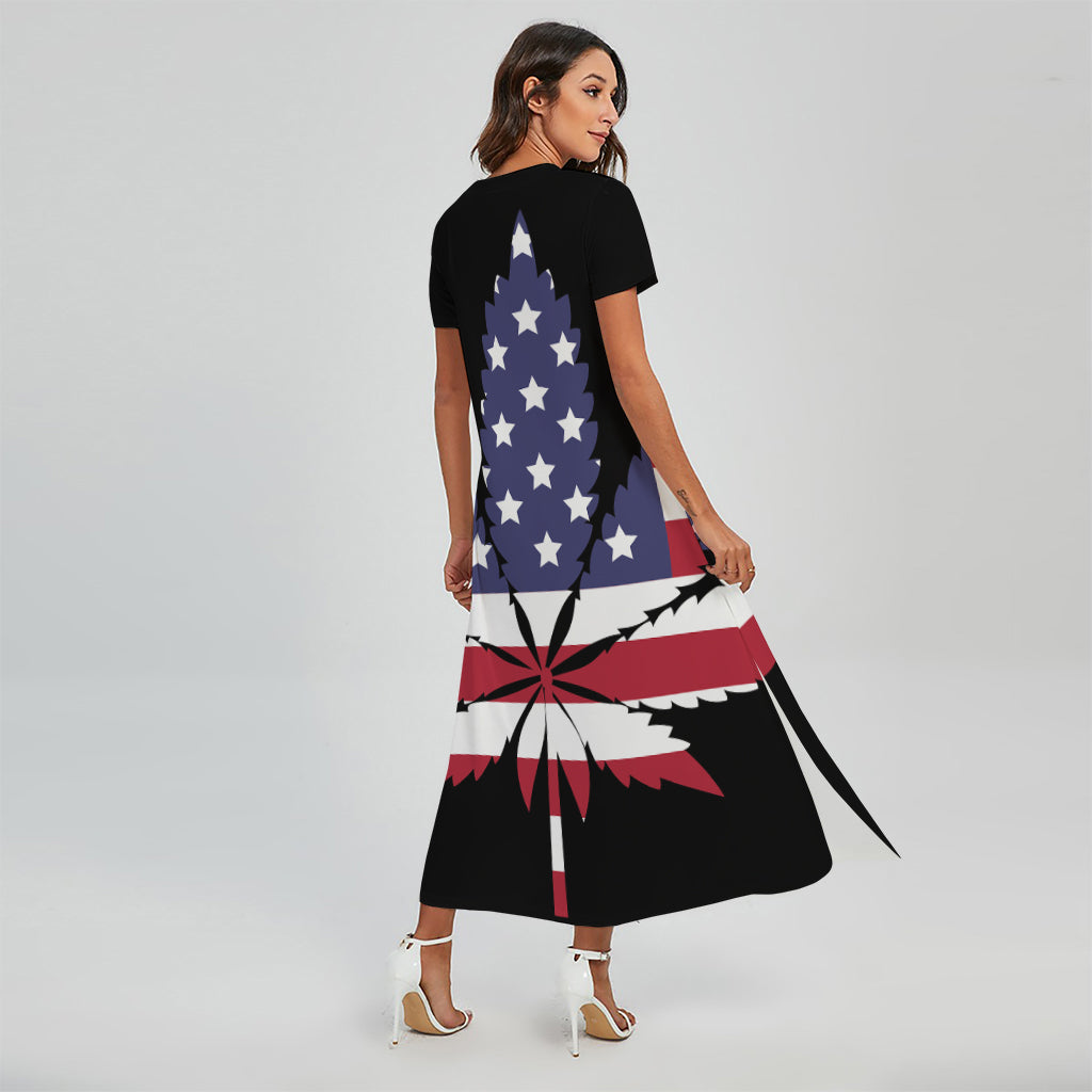 American Cannabis Leaf Flag Print Short Sleeve Maxi Dress