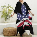 American Cannabis Leaf Flag Print Silk V-Neck Kaftan Dress