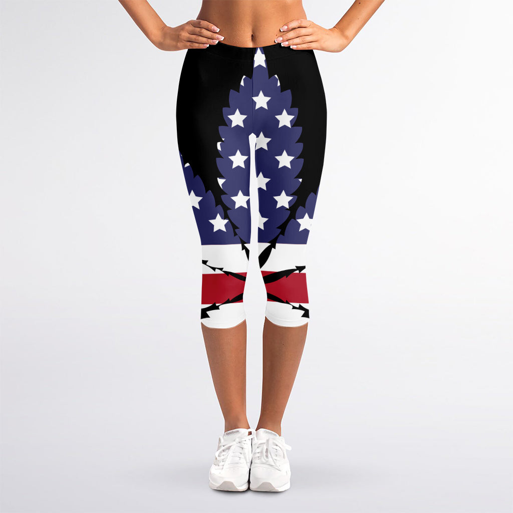 American Cannabis Leaf Flag Print Women's Capri Leggings