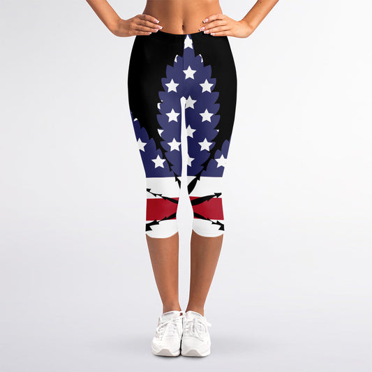 American Cannabis Leaf Flag Print Women's Capri Leggings