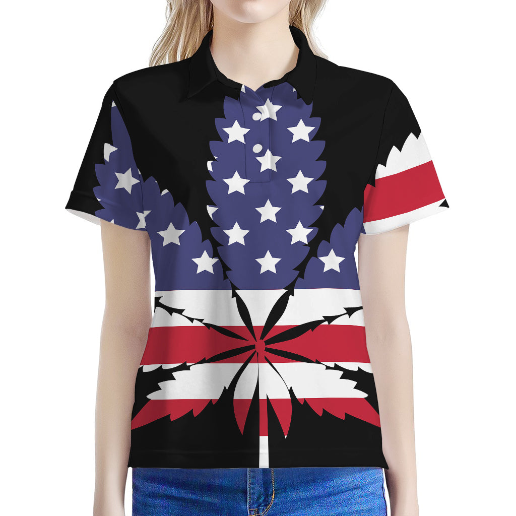 American Cannabis Leaf Flag Print Women's Polo Shirt