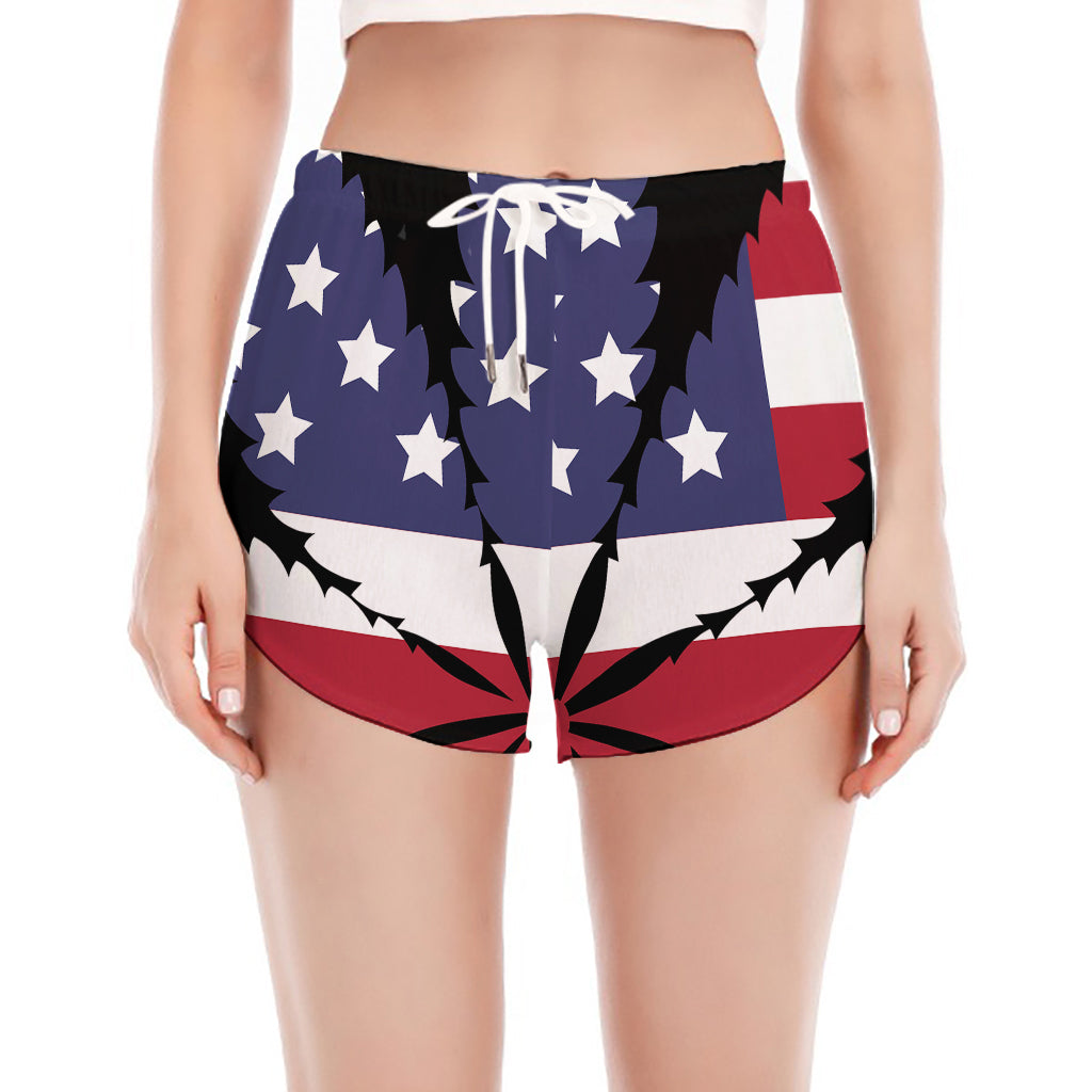 American Cannabis Leaf Flag Print Women's Split Running Shorts
