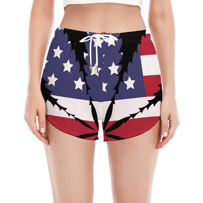 American Cannabis Leaf Flag Print Women's Split Running Shorts