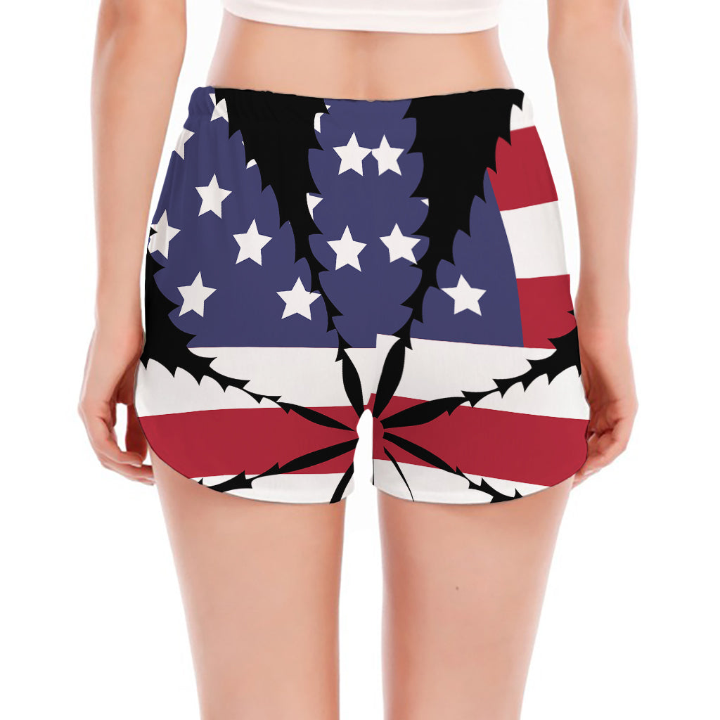 American Cannabis Leaf Flag Print Women's Split Running Shorts