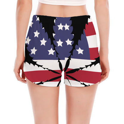 American Cannabis Leaf Flag Print Women's Split Running Shorts
