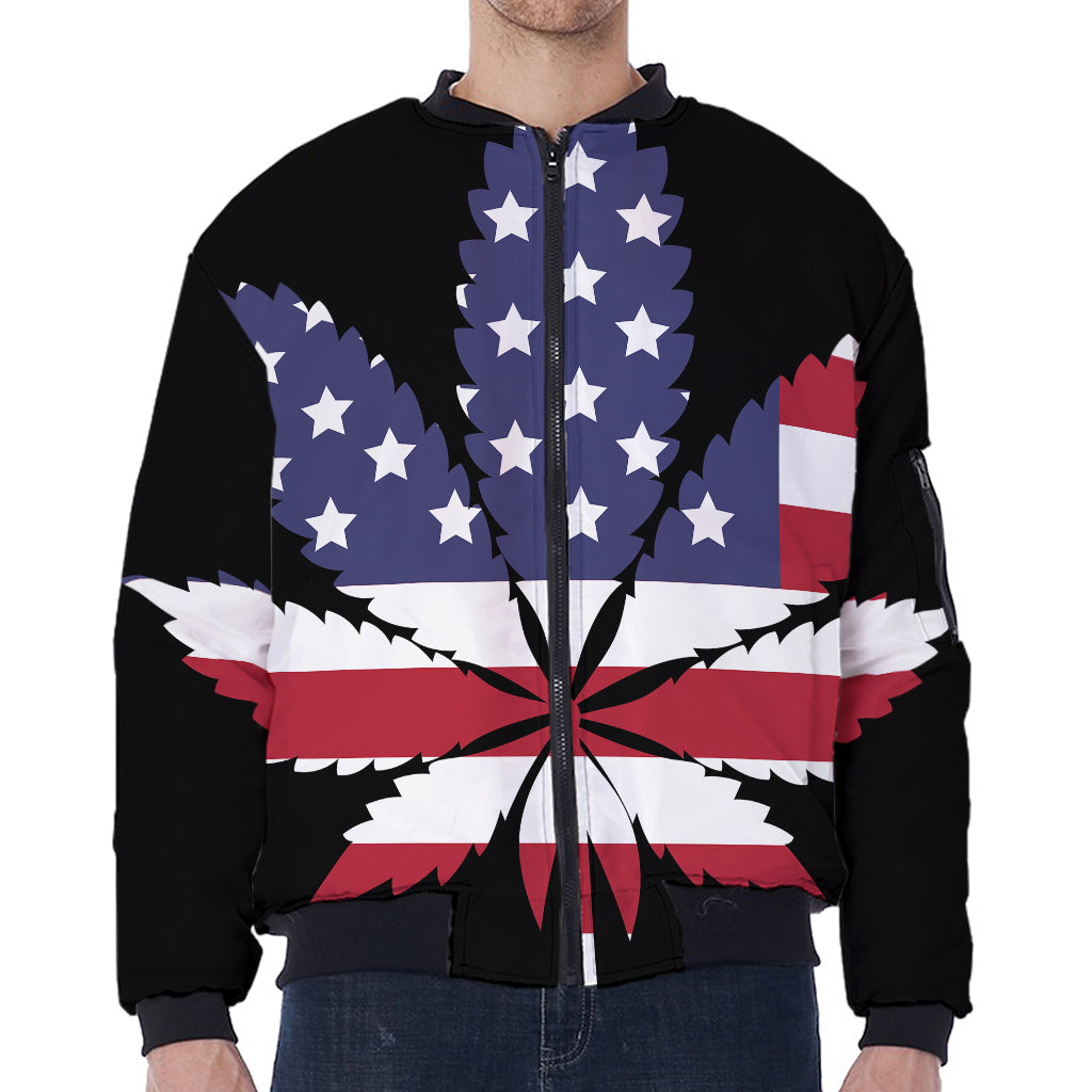 American Cannabis Leaf Flag Print Zip Sleeve Bomber Jacket